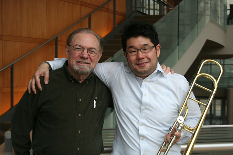 Jones, left, with SSO trombonist Ko-ichiro Yamamoto.