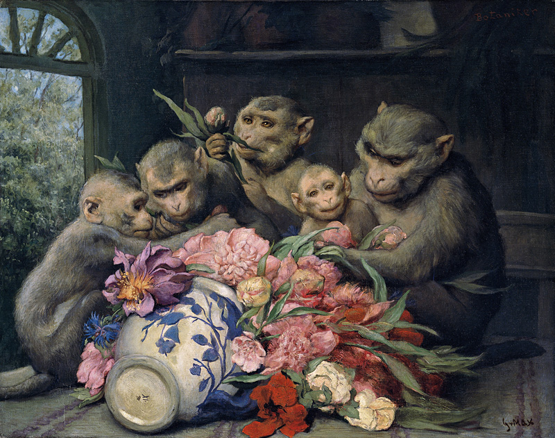 Von Max’s monkeys, as in his The Botanists (1900), were modeled from life.