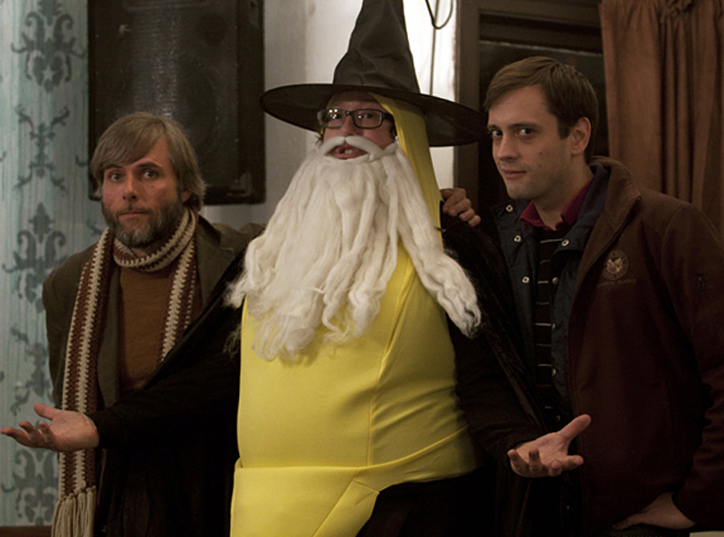 Kevin Hyder, Banandalf the Wizard, and Tristan Devin (l-r) pose at the People's Republic Kafe.