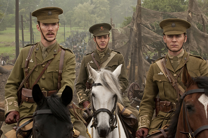 Riding into history: (from left) Benedict Cumberbatch, Patrick Kennedy, and Tom Hiddleston (riding on Joey).