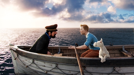 Lost at sea? Haddock, Tintin, and Snowy.