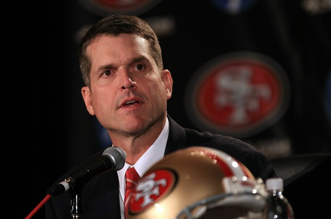 SAN FRANCISCO, CA - JANUARY 07:  Jim Harbaugh speaks at a press conference where he was introduced as the new San Francisco 49ers head coach at the Palace Hotel on January 7, 2011 in San Francisco, California.  (Photo by Ezra Shaw/Getty Images)