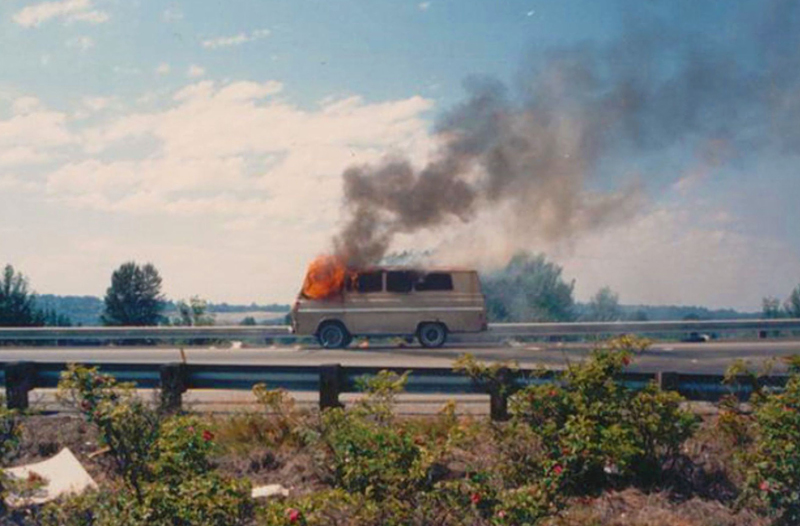 Nothing ends a tour faster than a burning Econoline van.