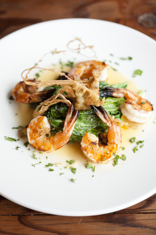 A smart dish of whole Hawaiian blue prawns, poached in a vanilla-sweet grapefruit nage.