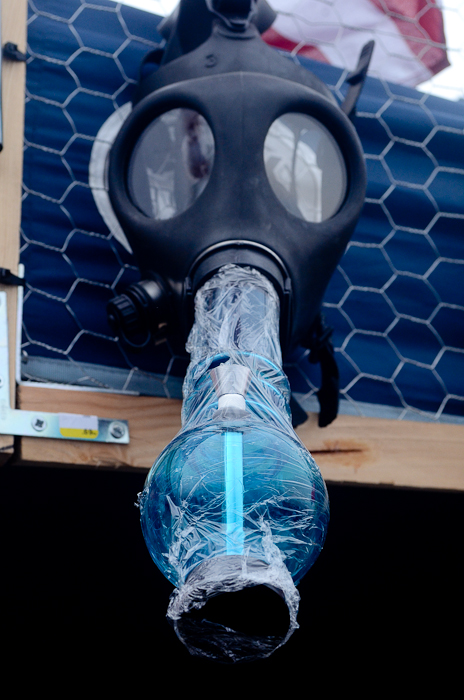 Gasmask bongs and pipes were all over the festival.