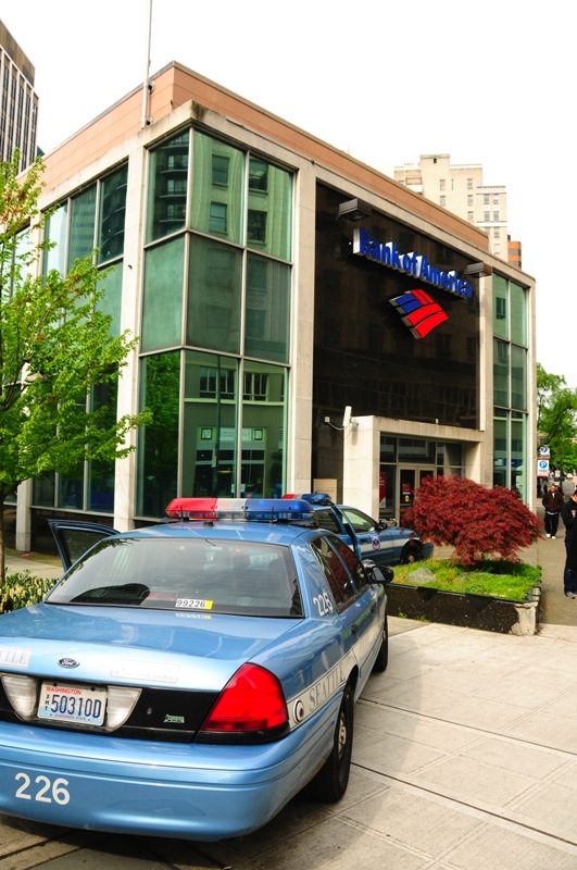 Meanwhile, a strong police downtown presence. This Bank of America was a target of earlier activities.