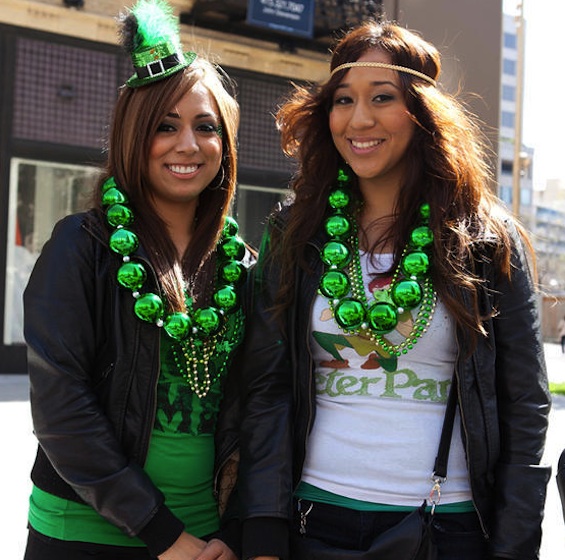 Perhaps because Mardi Gras has recently put people in the novelty necklace spirit, St. Patrick's Day often involves green plastic beads, as seen at the St. Patrick's Day parade in San Francisco, California.