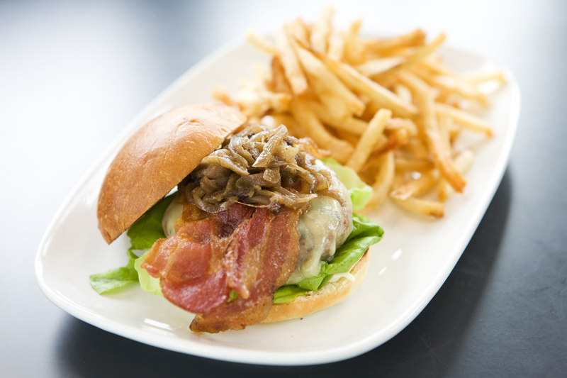 Chutney Burger: grass fed beef, BeecheraE™s cheddar, bacon, onion chutney and lettuce.