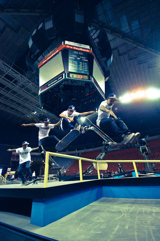 After funding a safe spot skate spot in West Seattle, Rob Dyrdek showed us a few tricks at his Street League Skateboarding Pro Tour at the Key Arena. Photo by Stephen Giang