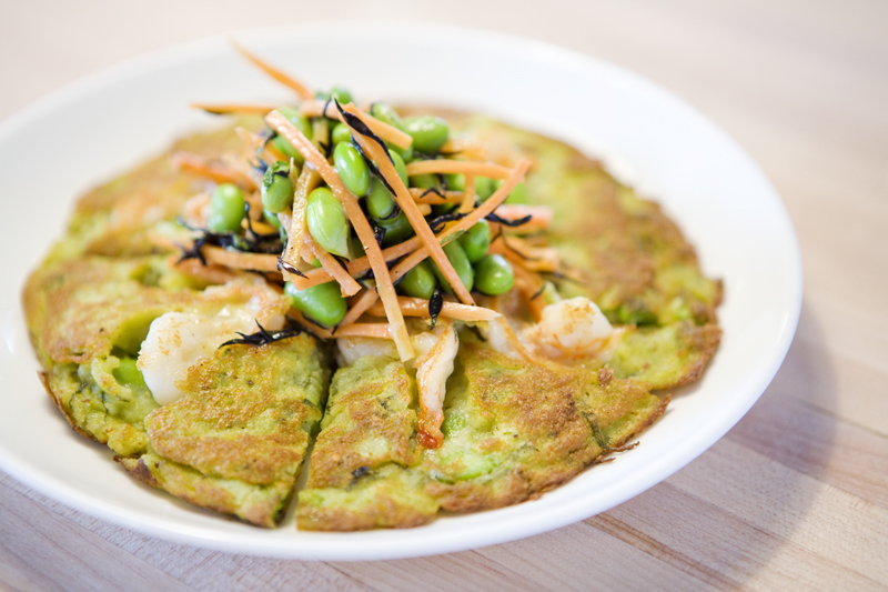 Pancakes, with shrimp, edamame, and mint.