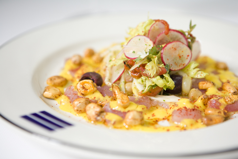 Hawaiian Tombo Tiradito with choclo, cancha, aji amarill, fennel salad, and causa.