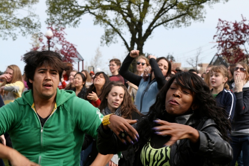 The flash mob danced to a mash-up of Tina Turner, Kanye West and Queen.