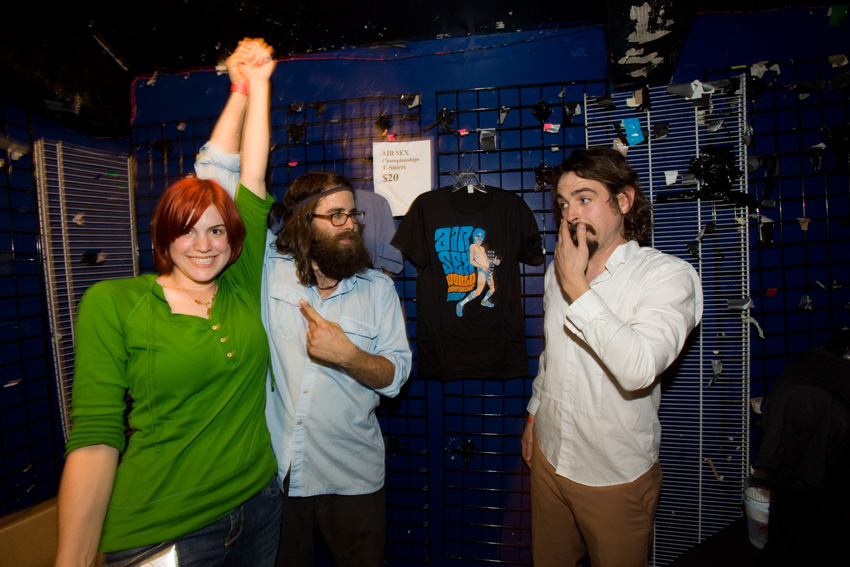 Meet Uma, winner of the Air Sex Championships, and seen here with event organizers/MCs Chris True (left) and Joel Kieth.