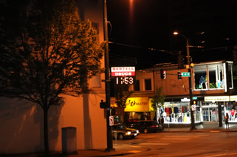 11:53: My night begins at 45th and University Way, aka The Ave. I decide to start south and work my way north.