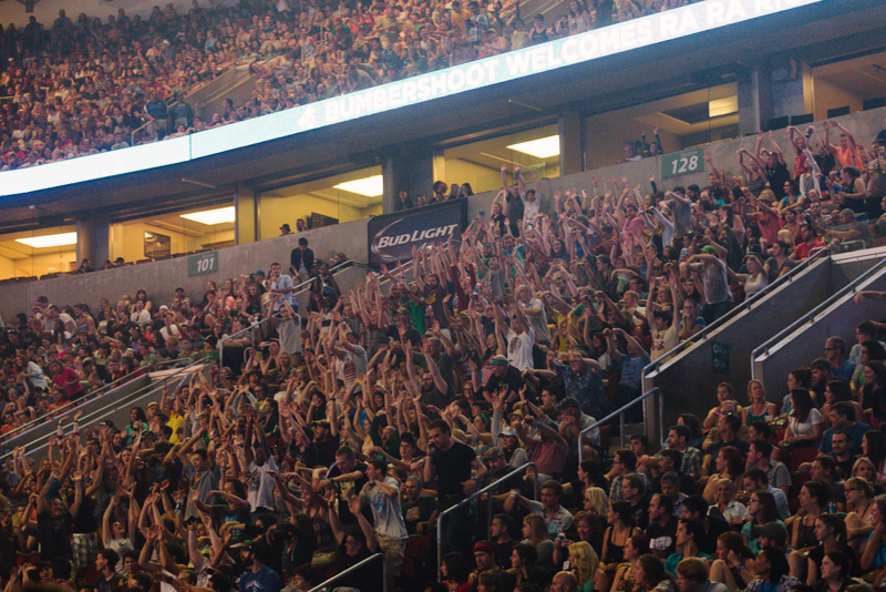 Fans began the wave while waiting for Death Cab For Cutie to take the stage on Sunday. Key Arena met capacity early, but thankfully had big acts like Matt and Kim to satisfy festival goers.