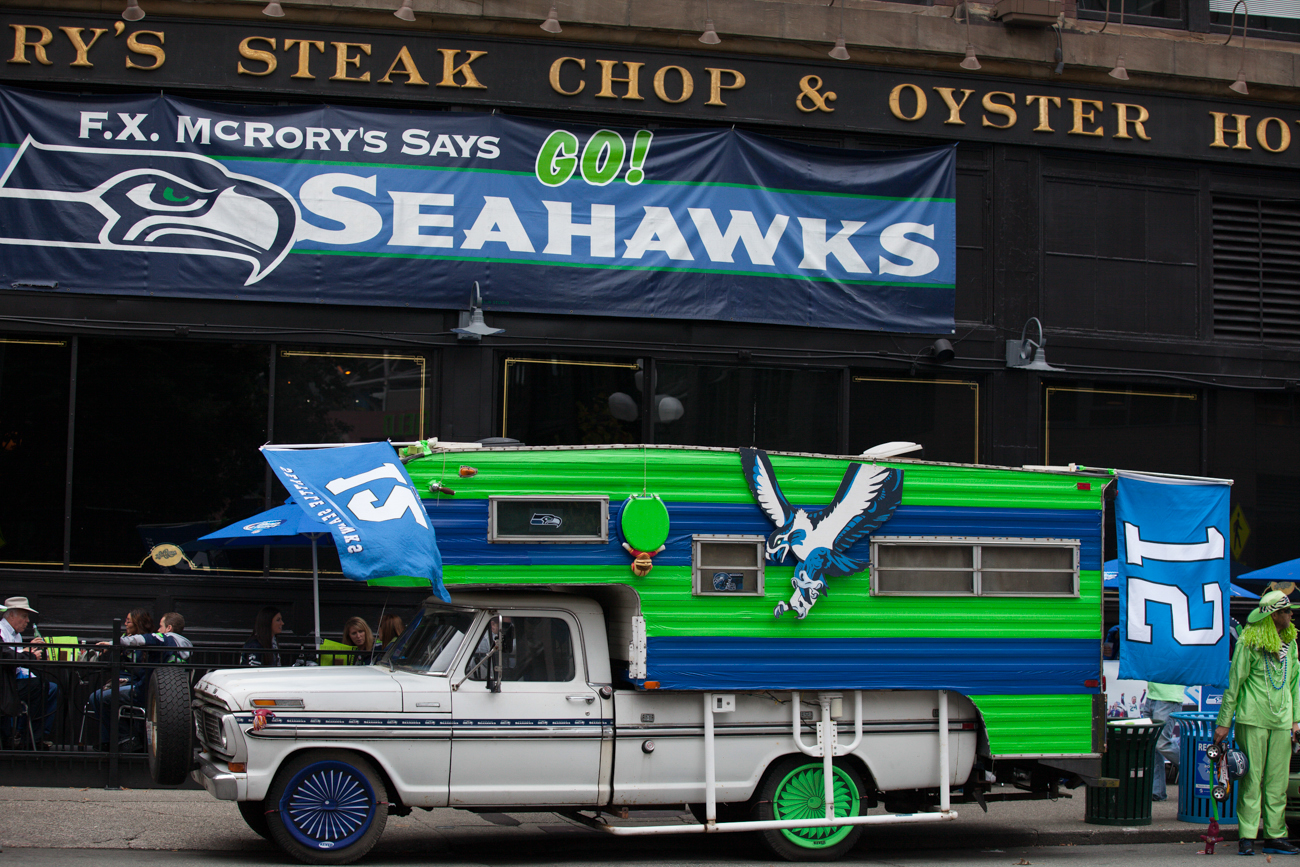 A very festive van in team colors sits on the side of the road before the Seahawks home opener against the San Francisco 49ers on September 15, 2013.