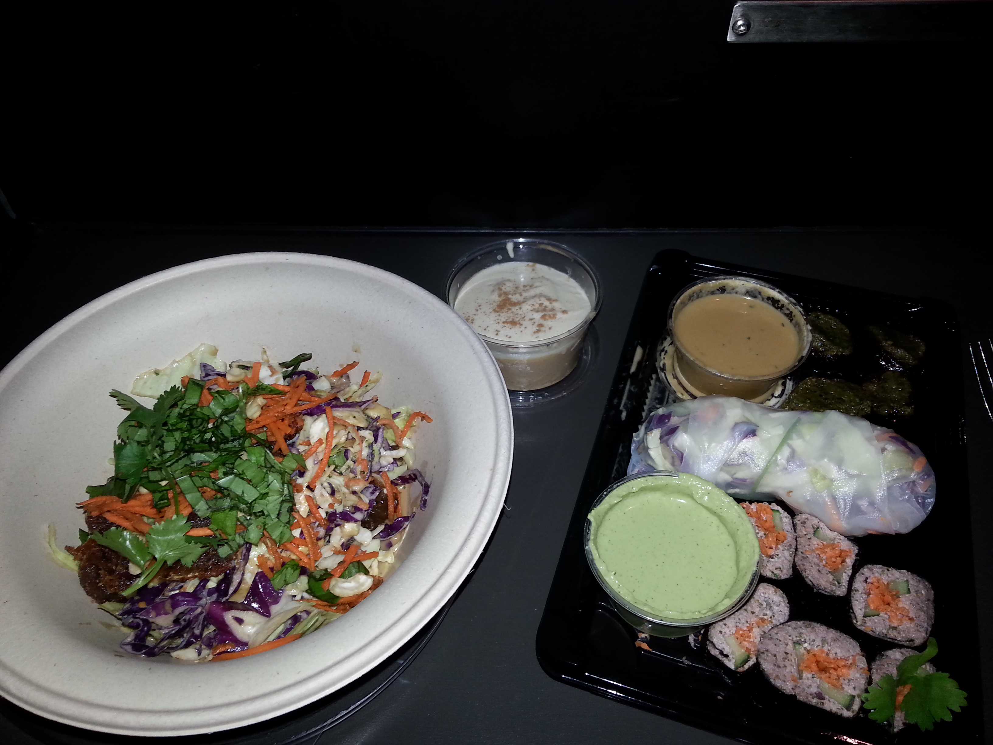 From left to right: Thrive's Mighty Thai Salad, Pumpkin Mousse, Ninja Rolls, Fresh Rolls, and Pesto-Stuffed Mushrooms.