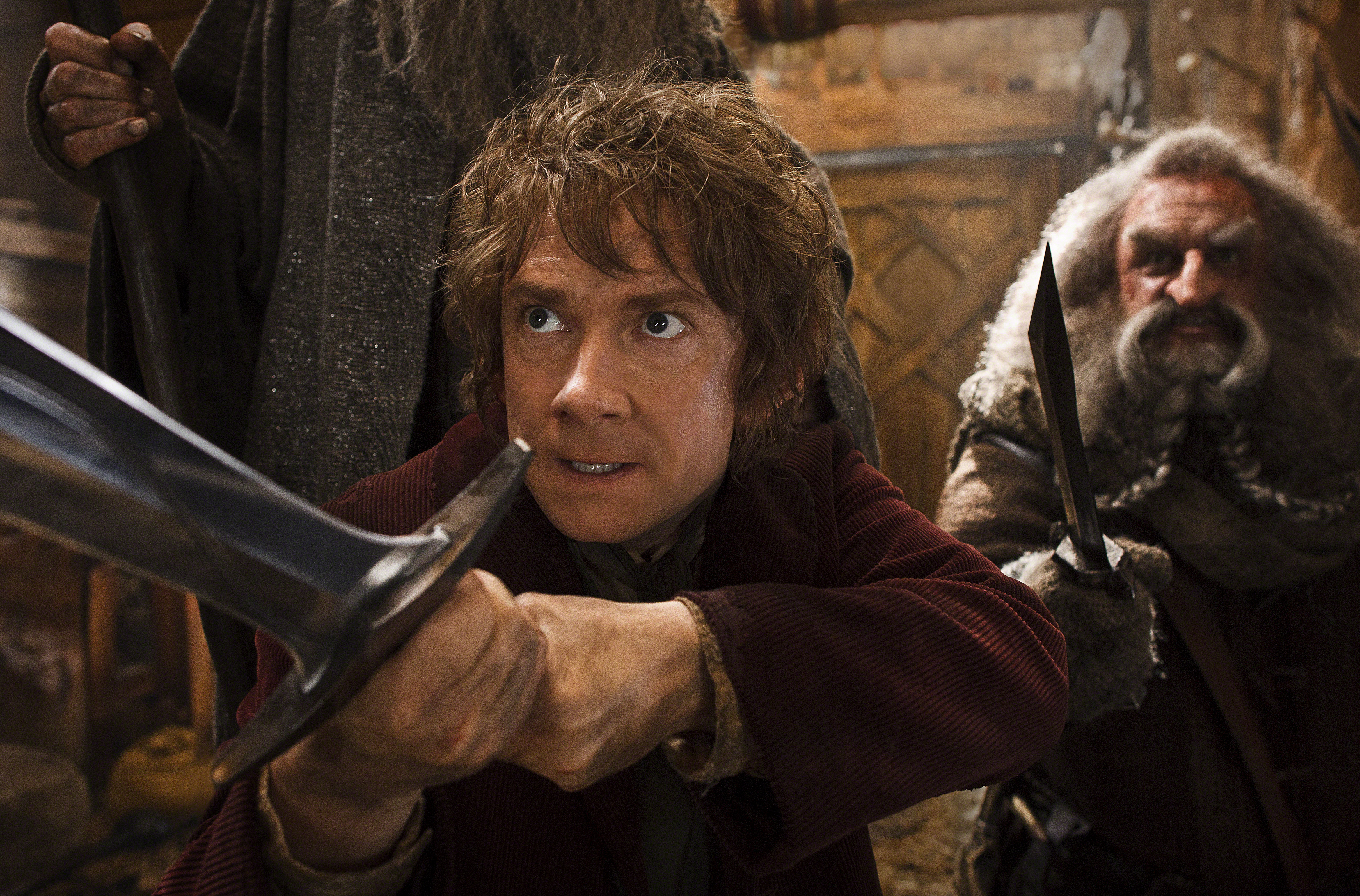 Freeman as Bilbo (with John Callen the hirsute figure behind).