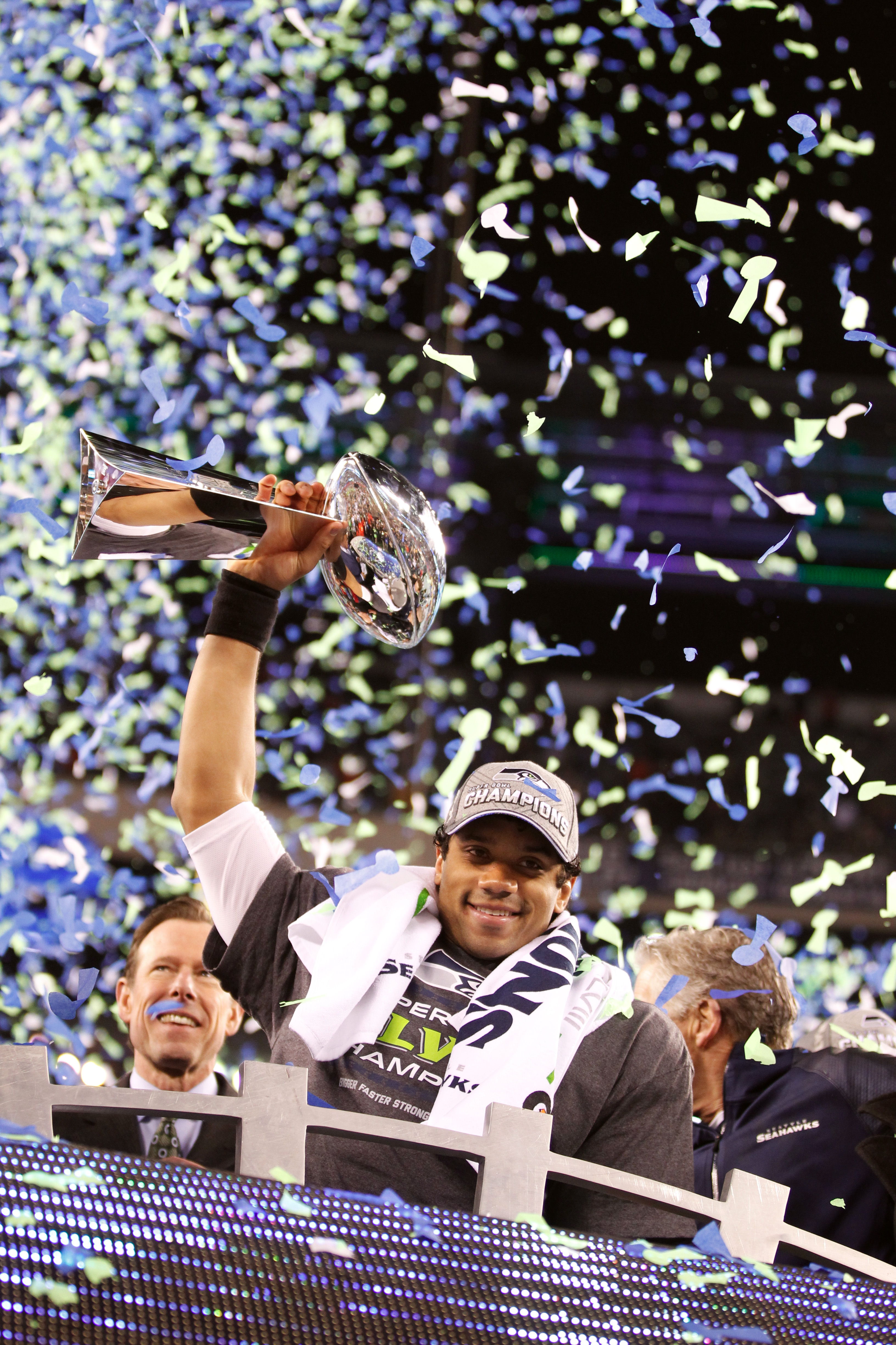 Seahawks quarterback Russell Wilson holds the Vince Lombardi Trophy following a 43-8 Super Bowl victory against the Broncos at MetLife Stadium. Photo by Jennifer Buchanan / The Herald