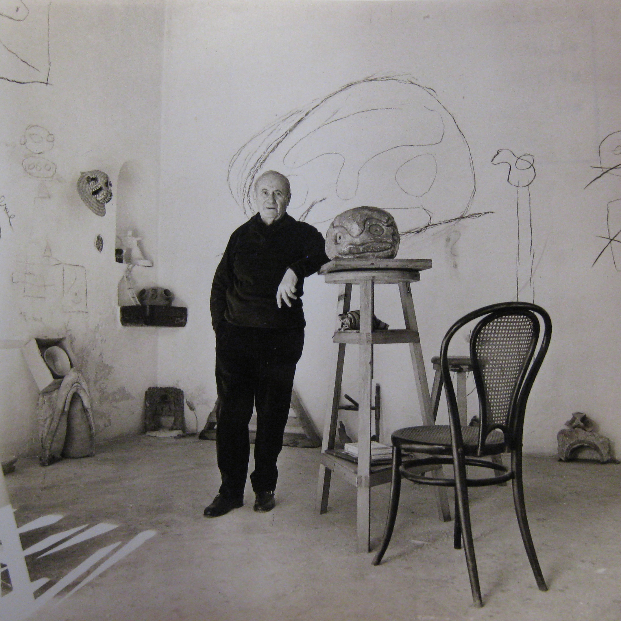 Above: Miro in his island studio. Below: his 1974 Women and Bird in the Night.