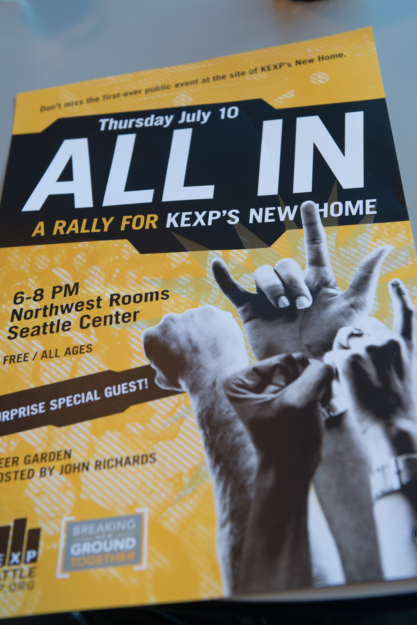 The new fundraising campaign is "All In" to get KEXP the rest of the funds to create the new location.