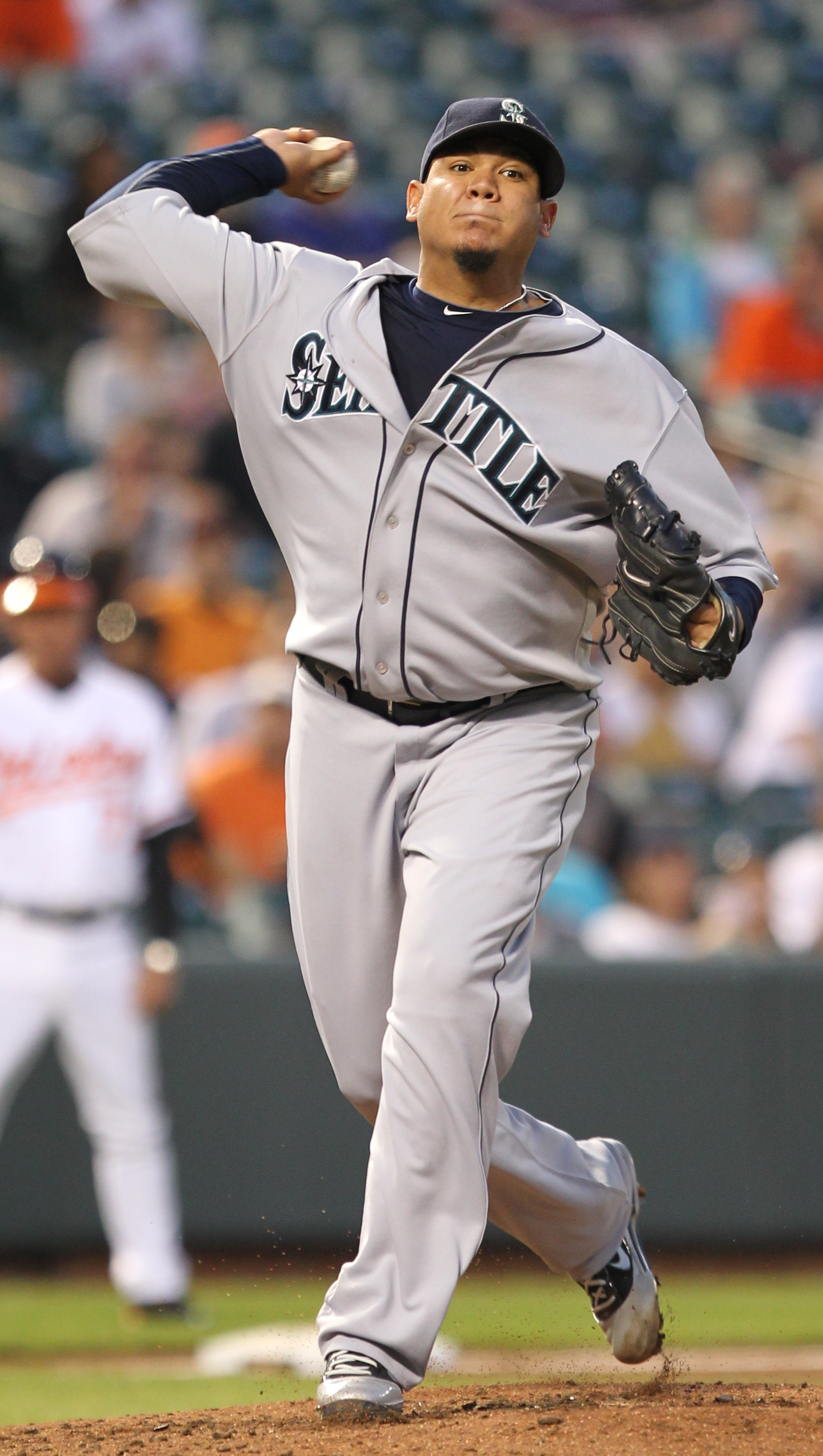 Seattle Mariners starting pitcher Felix Hernandez (34)  in action during the Seattle Mariners at Baltimore Orioles game on May 11,  2011.Photo by Keith Allison