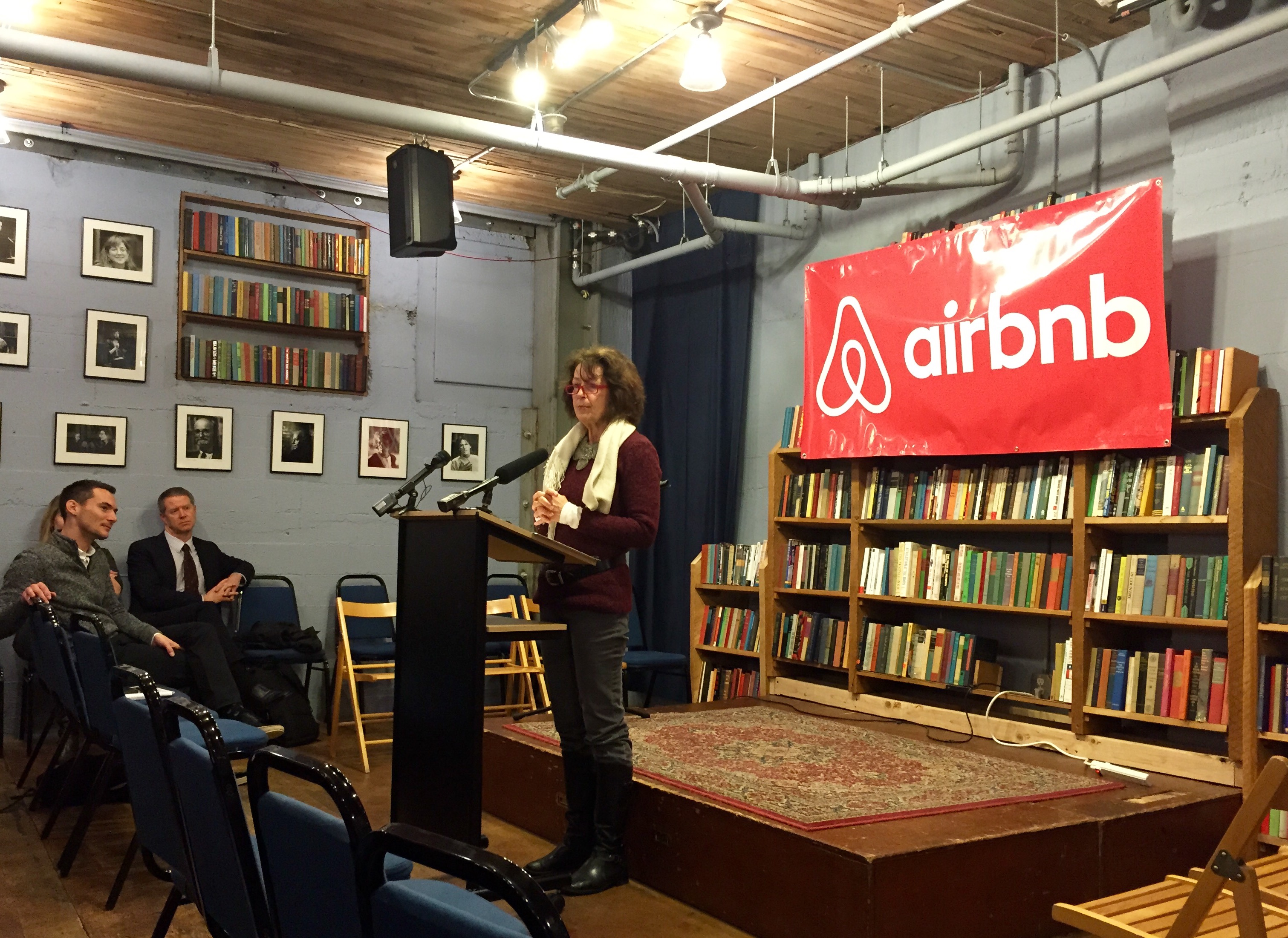 Fremont resident Sandra Martin explains how being an Airbnb host helps her pay her mortgage at a press conference Thursday. Photo by Sara Bernard.