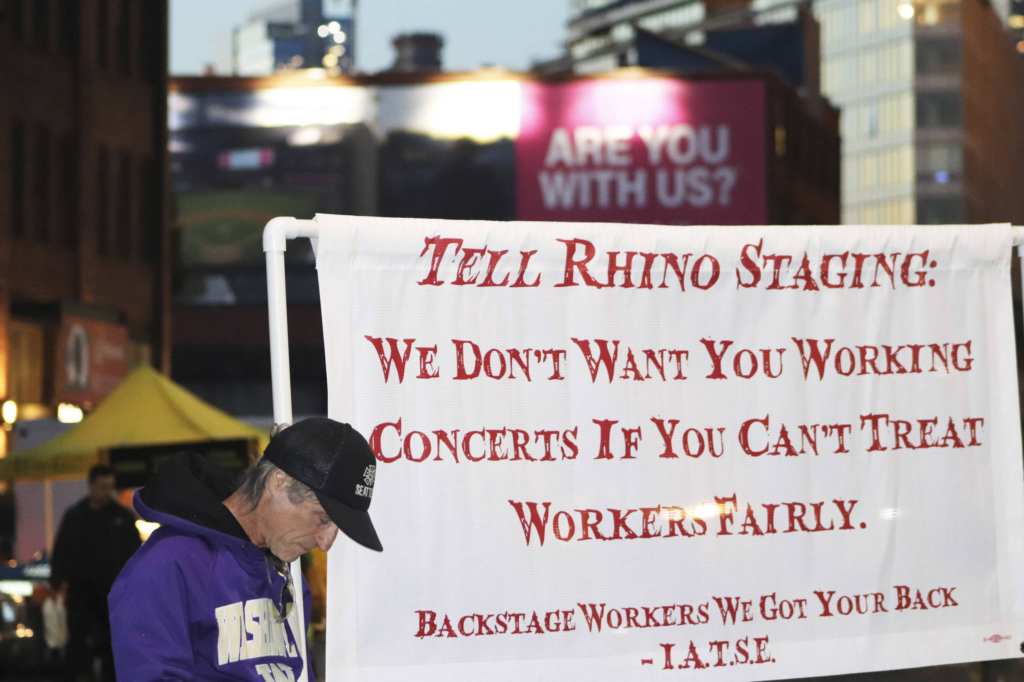 Rhino riggers protest outside of the Jay-Z and Beyonce show outside of Seattle’s CenturyLink Field on Oct. 4, 2018. Photo courtesy of IATSE