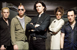 KMFDM, from left: Andy Selway, Sascha Konietzko, Raymond Watts, Lucia Cifarelli, and Jules Hodgson.