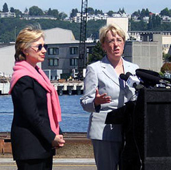 Sen. Patty Murray (right) and Sen. Hillary Clinton at the Port of Seattle in June.