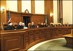 The state Supreme Court, meeting at the Temple of Justice in Olympia recently.