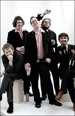 The Hold Steady, from left: Bobby Drake, Galen Polivka, Craig Finn, Tad Kubler, and Franz Nicolay.