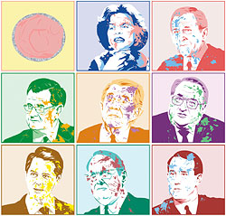 Pictured, left to right: (top row) Anita Bryant, President George W. Bush; (center row) Spokane Mayor Jim West, Rev. Pat Robertson, Rev. Jerry Falwell; (bottom row) Ralph Reed, Dr. James Dobson, Sen. Rick Santorum.