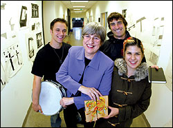 Cornish Provost Lois Harris, center, with Cornish kids in the hall: (left to right) Adam Kessler, Robert Zwiebel, and Cynthia Spurgin.
