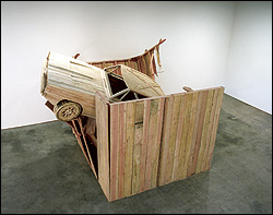 Chris Larson's Pause depicts a Dukes of Hazzard car crashing into the Unabomber's cabin.