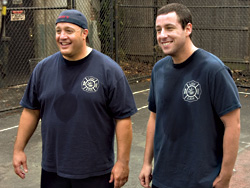James (left) and Sandler bend their wrists.