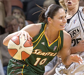 SAN ANTONIO - MAY 25: Sue Bird #10 of the Seattle Storm drives against Becky Hammon #25 of the San Antonio Silver Stars during the game at the AT&T Center on May 25, 2007 in San Antonio, Texas. NOTE TO USER: User expressly acknowledges and agrees that, by downloading and or using this photograph, User is consenting to the terms and conditions of the Getty Images License Agreement. Mandatory Copyright Notice: Copyright 2007 NBAE (Photo by D. Clarke Evans/NBAE via Getty Images) *** Local Caption *** Sue Bird;Becky Hammon