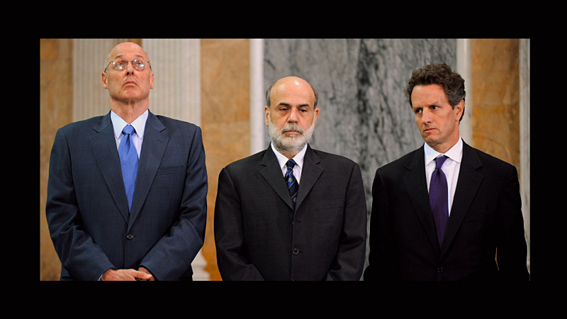 Not interviewed, but blamed: Henry Paulson, Ben Bernanke, and Timothy Geithner (l-r).