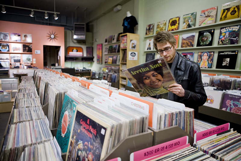Lucien Knuteson considers an Aretha Franklin purchase at Jive Time Records in Fremont.