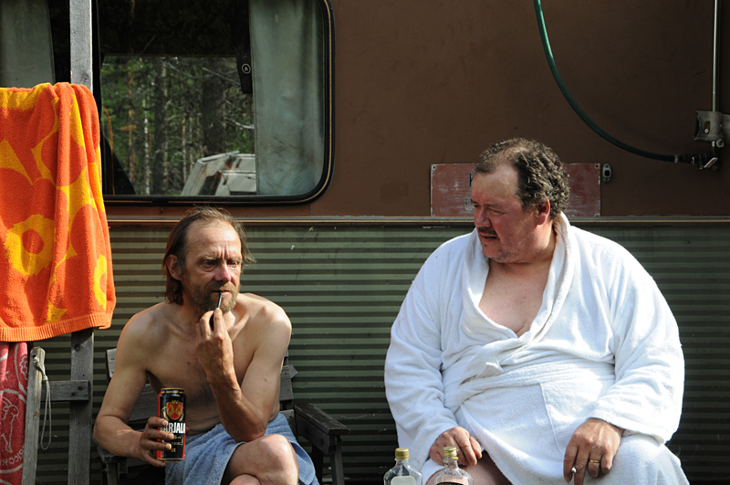 Two woodsmen bond after the sauna.