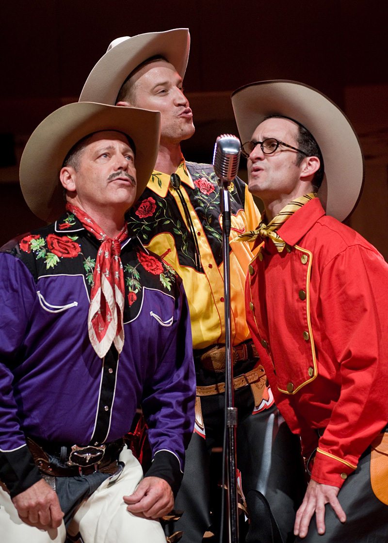 Fake Brits play fake cowboys in Chaps! Left to right: William Hamer, Simon Pringle, and Sam Vance.