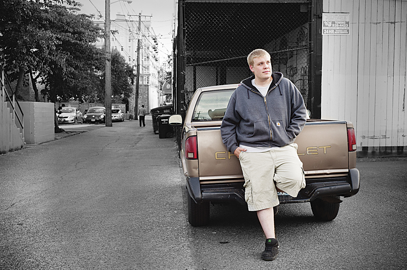 Sargent, shown leaning on his grandpa's truck in the infamous West Seattle alley.