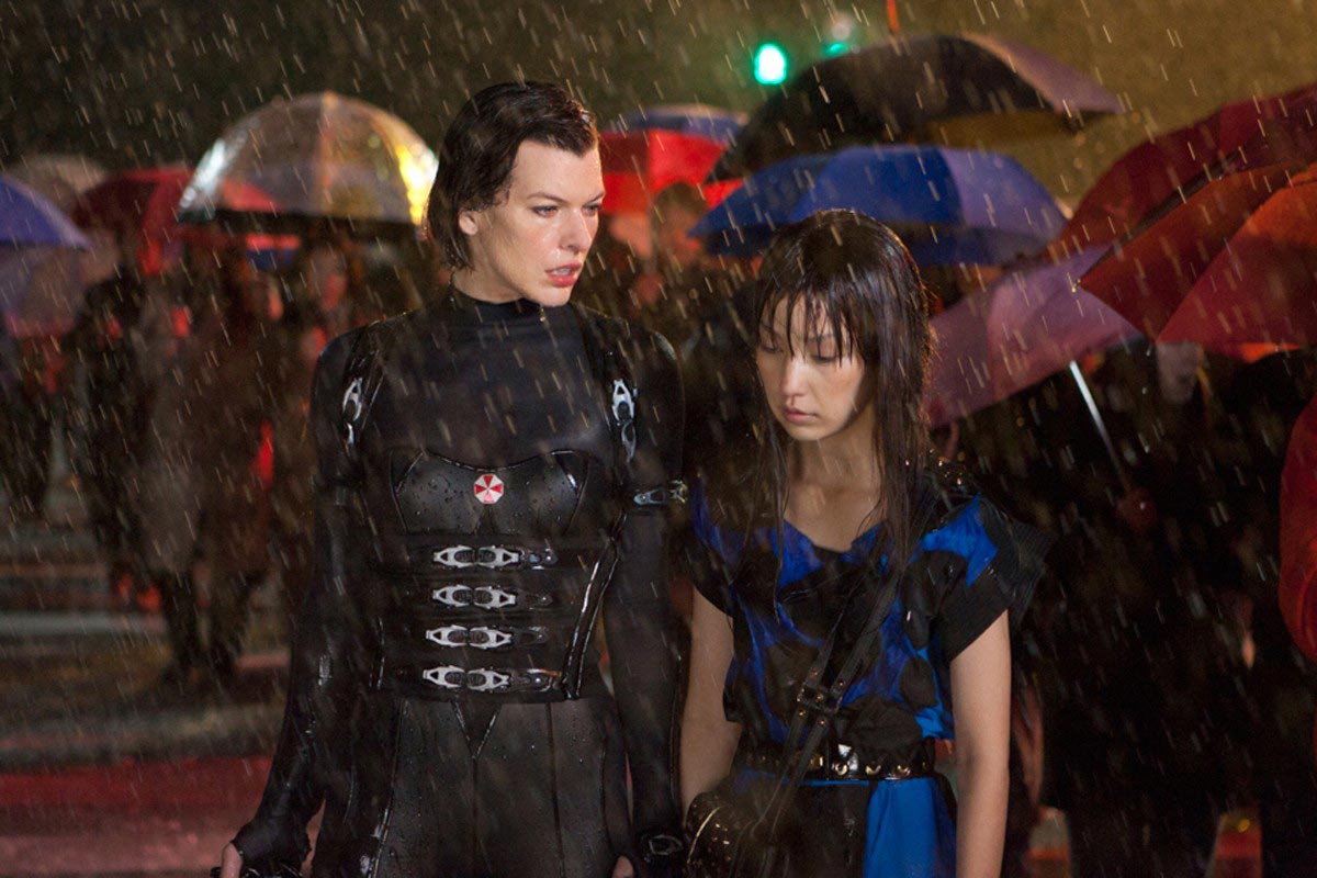 Jovovich (left) does her leather catsuit thing.
