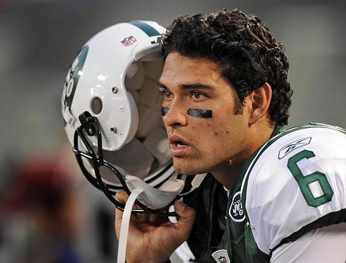 August 14th 2009 NY Jets Preseason at the Meadowlands: Jets quaterbacks Mark Sanchez sits on the sideline during the loss to the Rams.