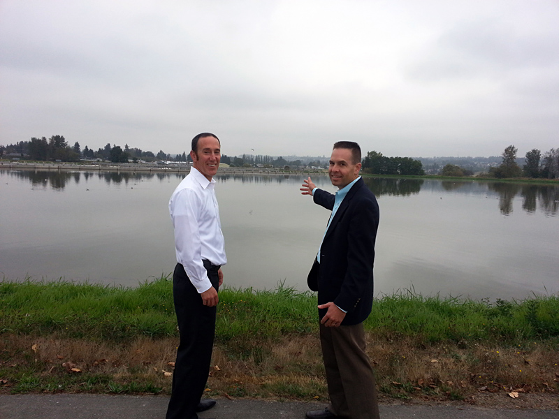 Marysville mayor Jon Nehring (right) and his public-works director Kevin Nielsen in front of Marysville's wastewater-treatment plant, which Cedar Grove blames for the smell.