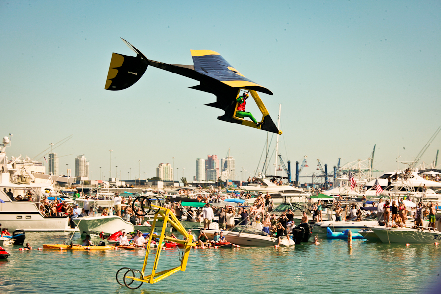 Amateur pilots took to the waters of Biscayne Bay to test their creations for Red Bull Flugtag Miami. See more Red Bull Flugtag Miami photos.