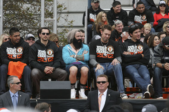 Giants relief pitcher/hipster Brian Wilson -- injured during the post-season -- after the World Series parade. More than one million fans crowded downtown San Francisco on October 31 to celebrate the Giants' second World Series title in three years. See more San Francisco Giants World Series Parade photos.