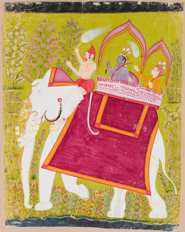 Many Arrows from Rama's Bow: Paintings of the Ramayana at Seattle Asian Art Museum through December 2, 2012. Rama and Lakshman in the howdah of a white elephant with Hanuman as mahout, Rama's Journey, late 18th century Opaque watercolor on paper, Raghogarh, Rajasthani.