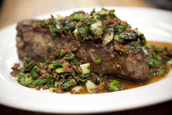 Steak can go well with vegetables.A pepper steak photographed at Dal Rae in Los Angeles.