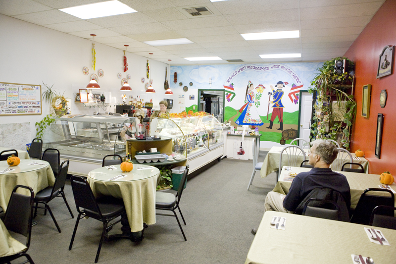 A hand painted wall adds to the comfortable atmosphere.